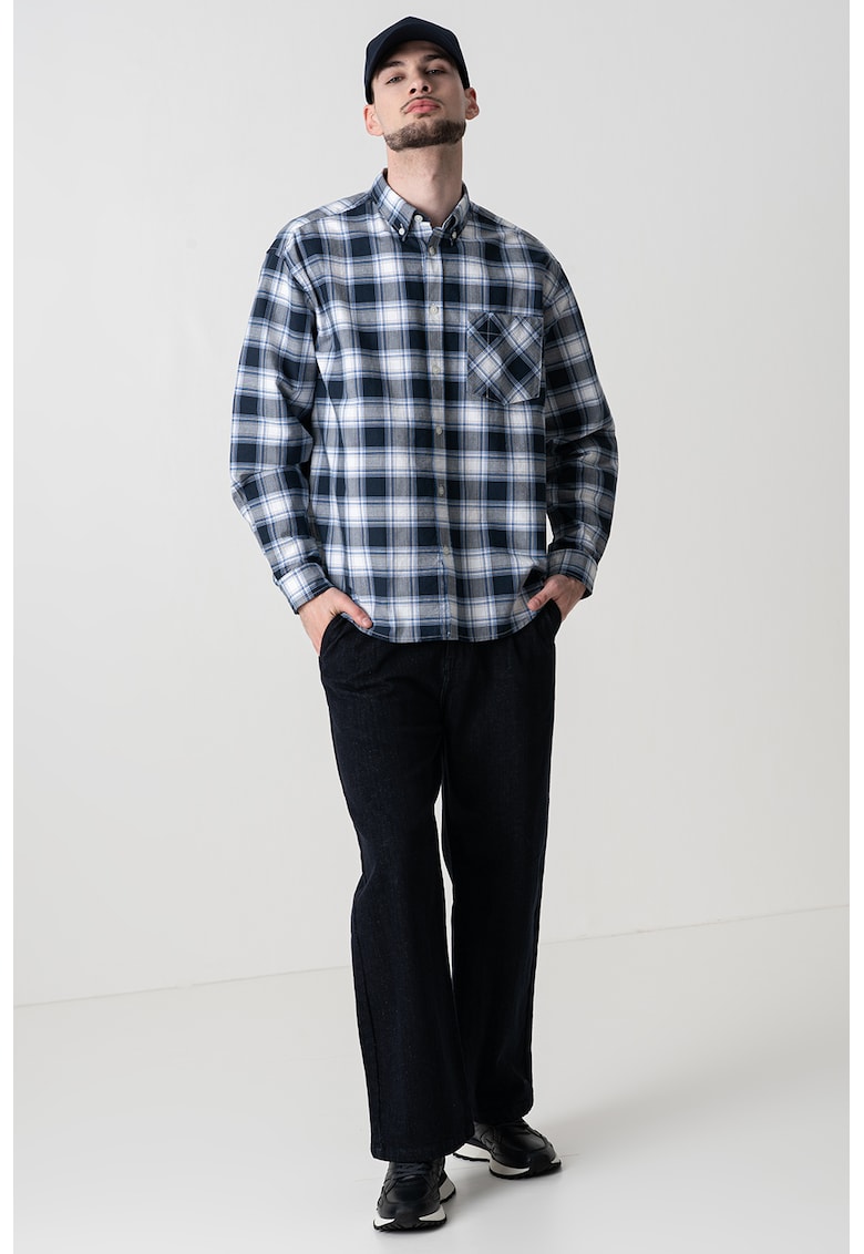 Свободна памучна риза Ebill - Бял/Син HUGO