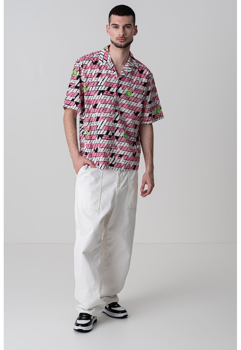 Свободна памучна риза Eligino - Бял/Черен/Розово HUGO