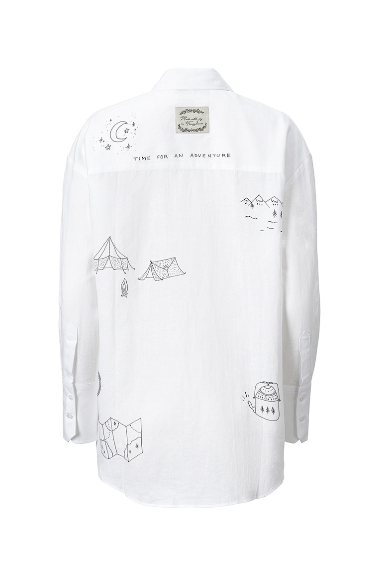 Свободна риза от лен и памук с принт - Бял/Черен Madlen