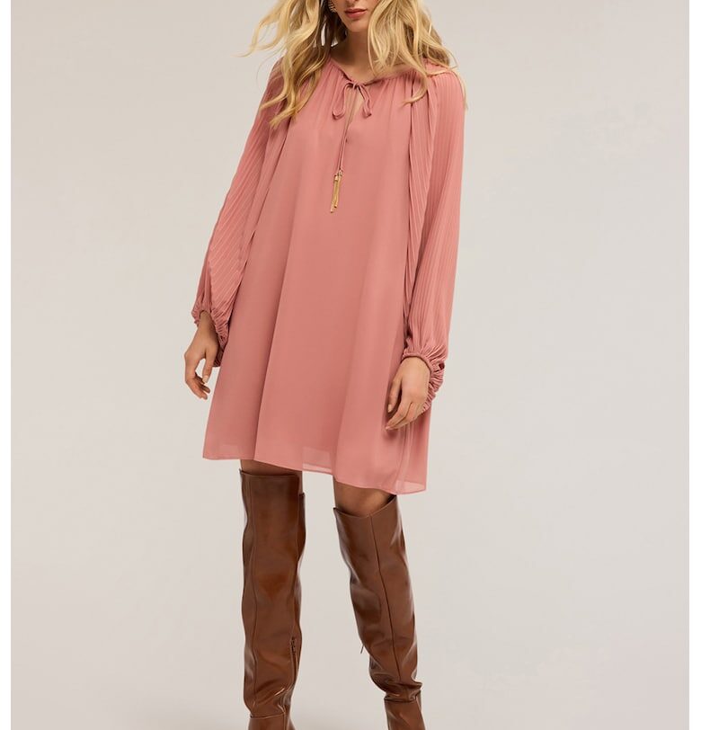 Свободна рокля с дълги ръкави - Прашно розово Motivi