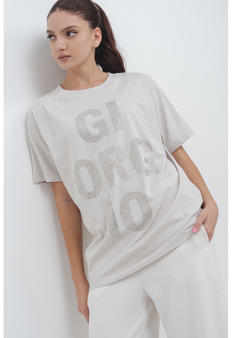 Свободна тениска с декоративни камъни - Тъмнобежово/Прозрачен ARMANI EXCHANGE