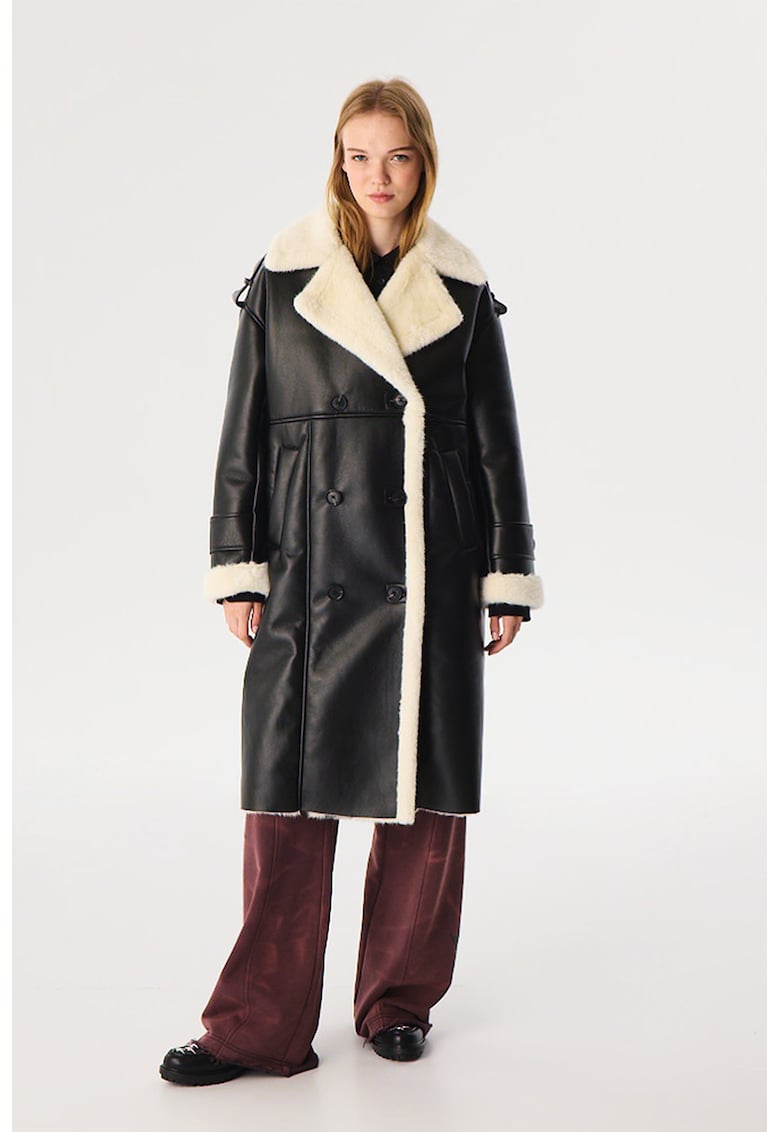 Свободно палто от еко кожа - Черен TWIST