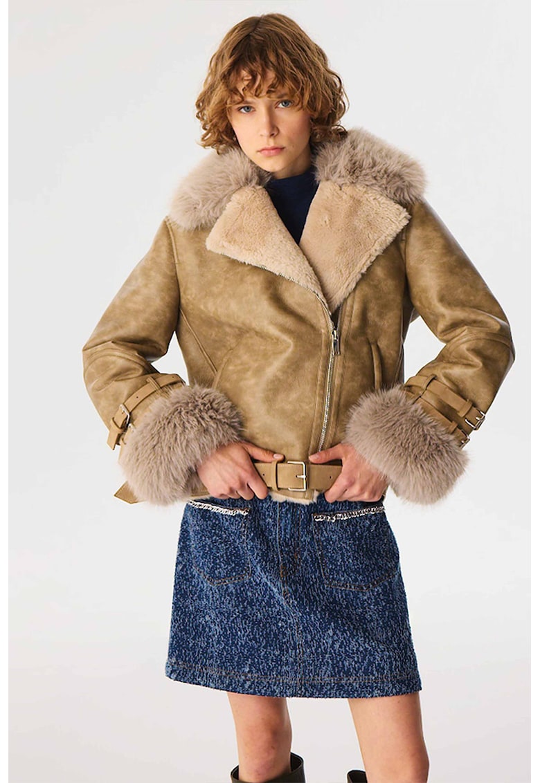 Свободно палто от еко кожа с еко пух - Светло бежово TWIST