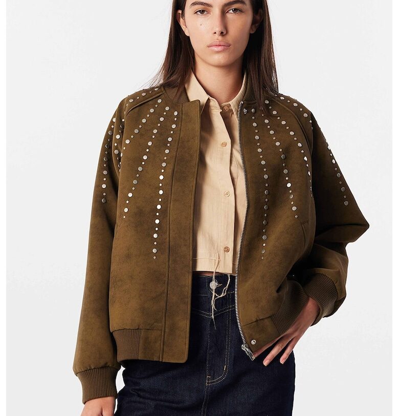 Свободно яке бомбър от еко велур с нитове - Маслинено зелено TWIST