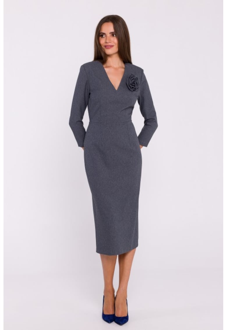 Семпла миди рокля с V-образно деколте Сив Stylove
