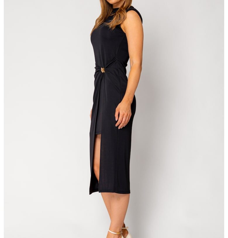 Симетрична миди рокля с декоративен пръстен Черна 18283 - Черен uFIT