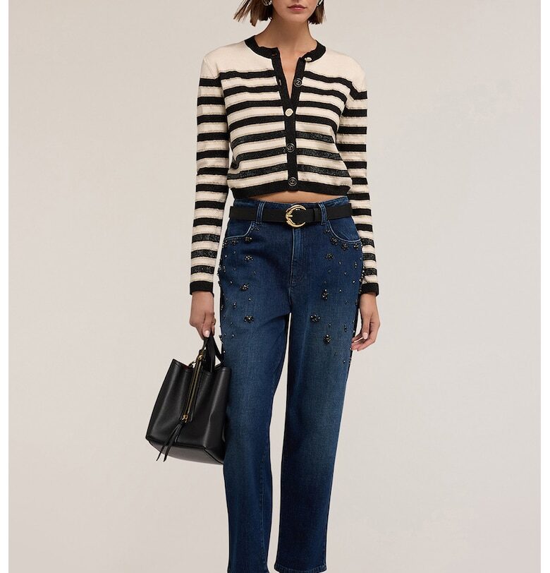 Скъсени прави дънки с апликации - Тъмносин Motivi