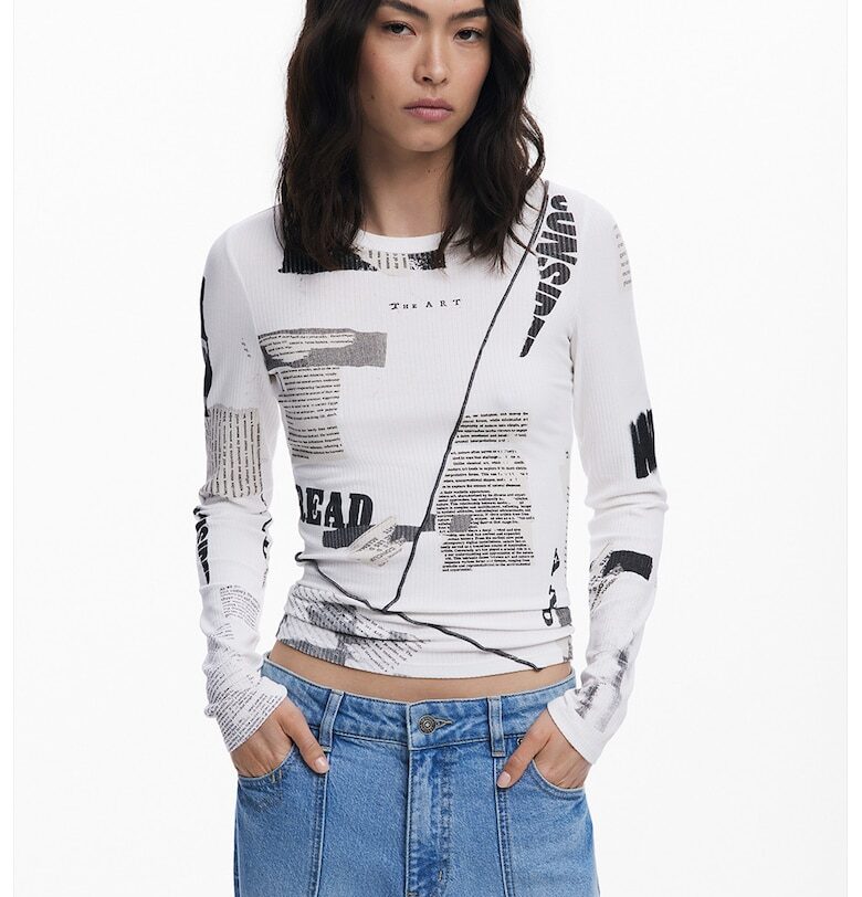 Слим блуза с десен - Бял/Черен/Tъмносив DESIGUAL