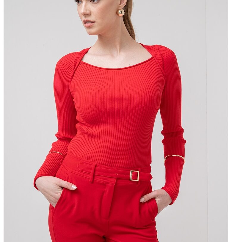 Слим пуловер Debutto с рипс и овално деколте - Аленочервен Marella