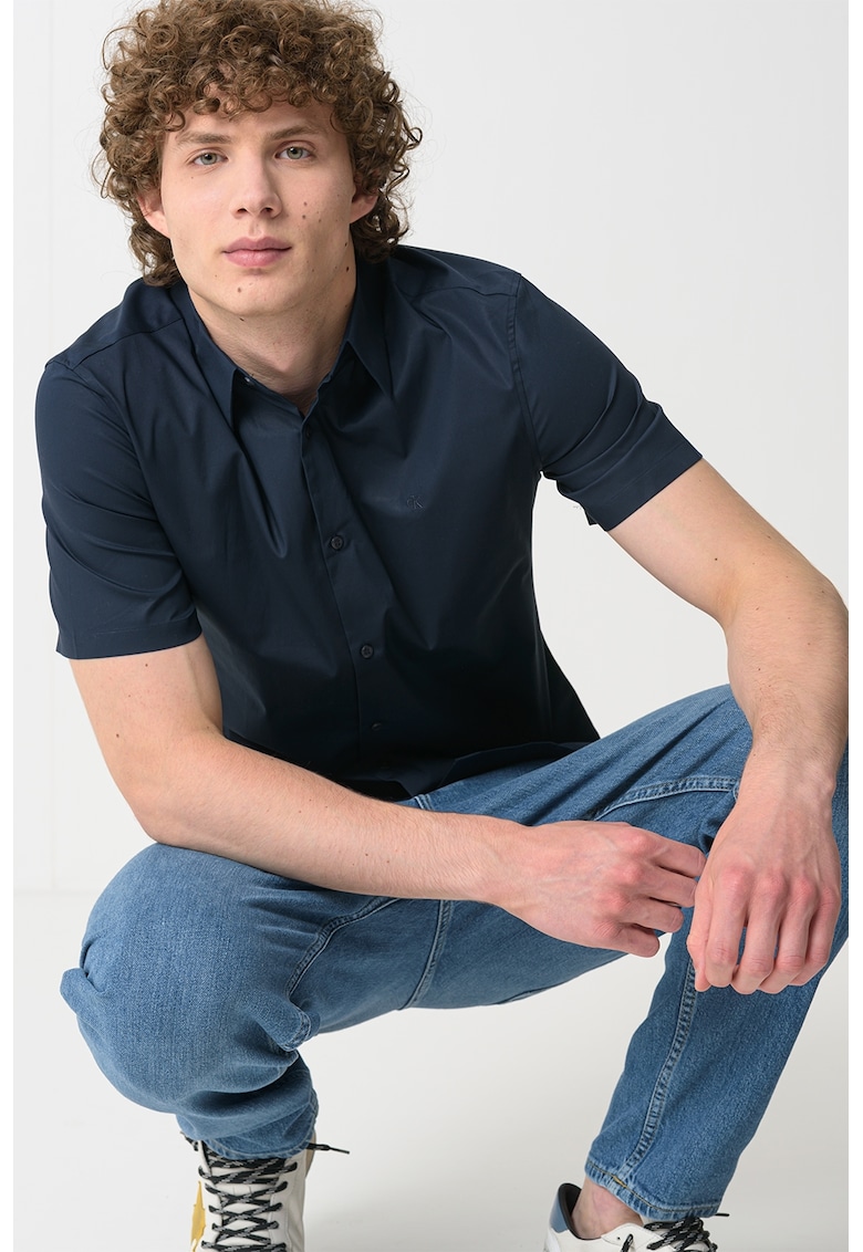 Слим риза с къси ръкави - Тъмносин CALVIN KLEIN