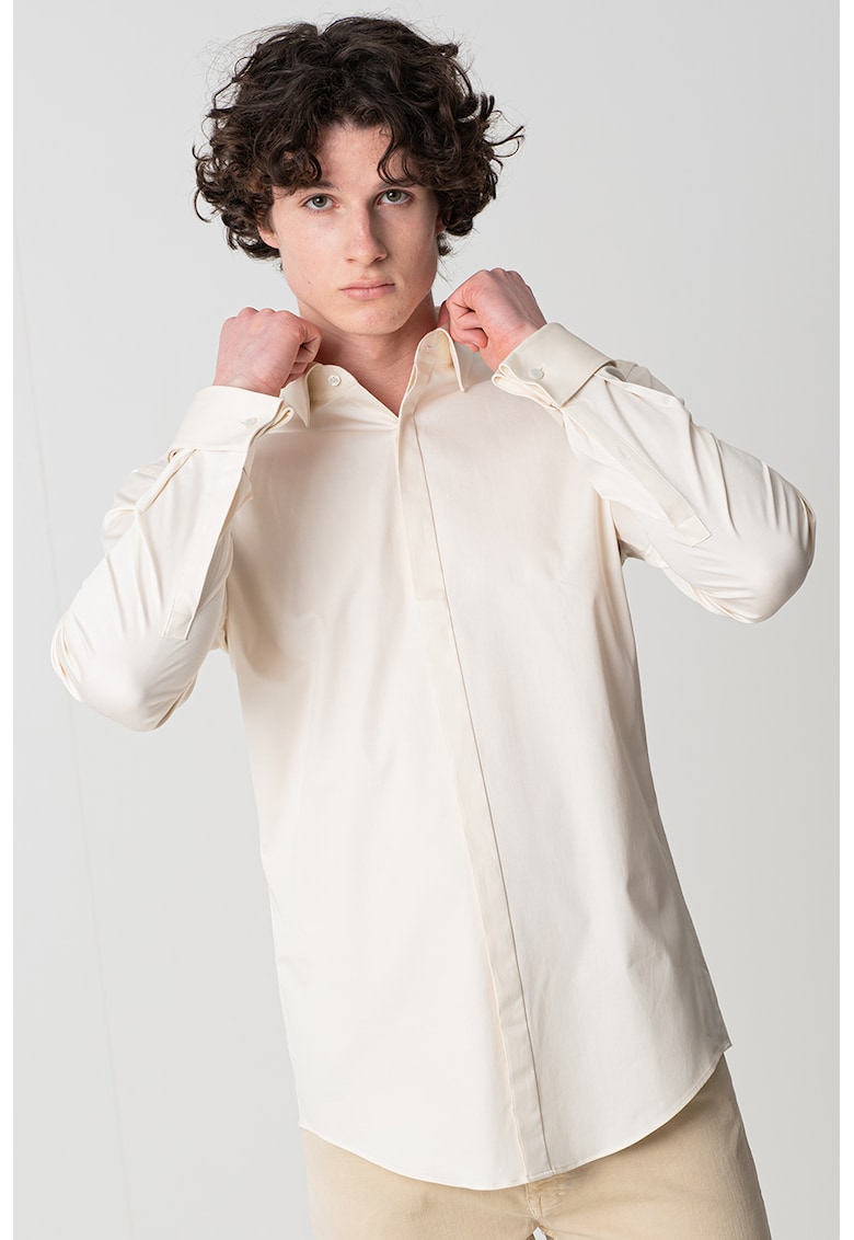 Слим риза с маншети с копчета - Бледожълт HUGO