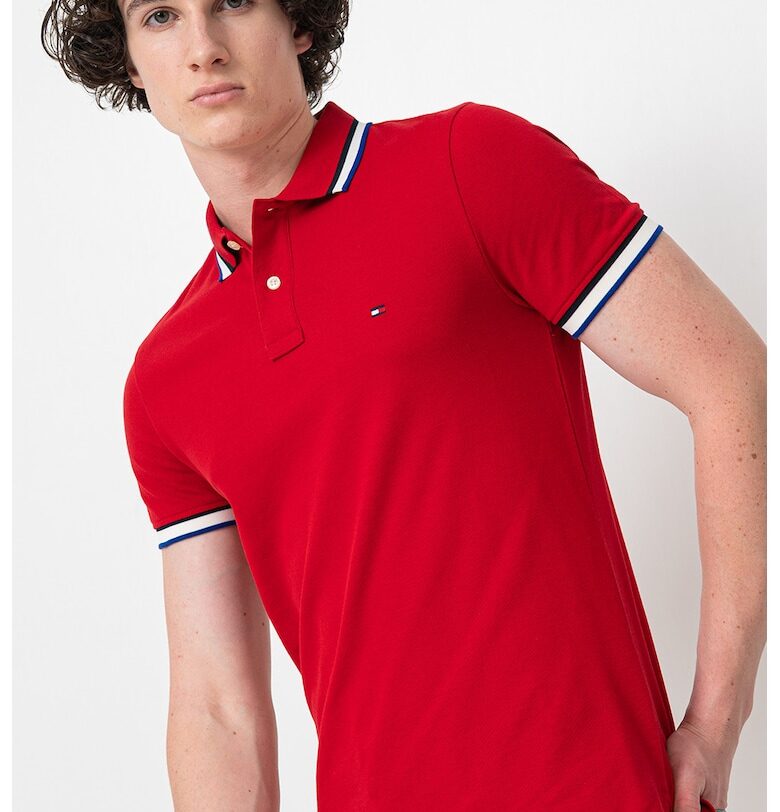 Слим тениска Cuff Interest с яка - Червен/Бял/Син Tommy Hilfiger