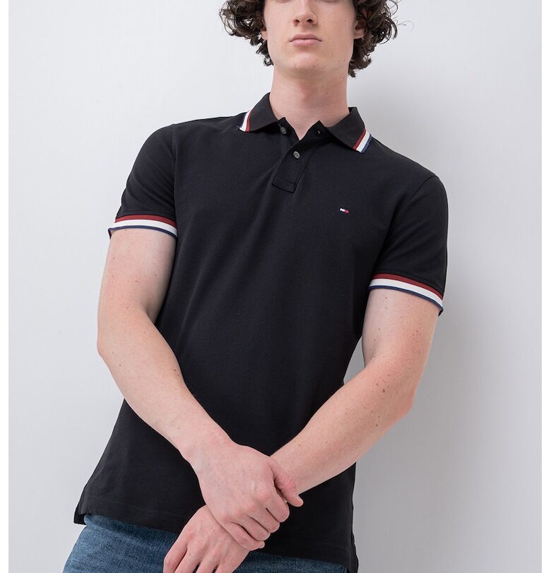 Слим тениска Cuff Interest с яка - Черен Tommy Hilfiger