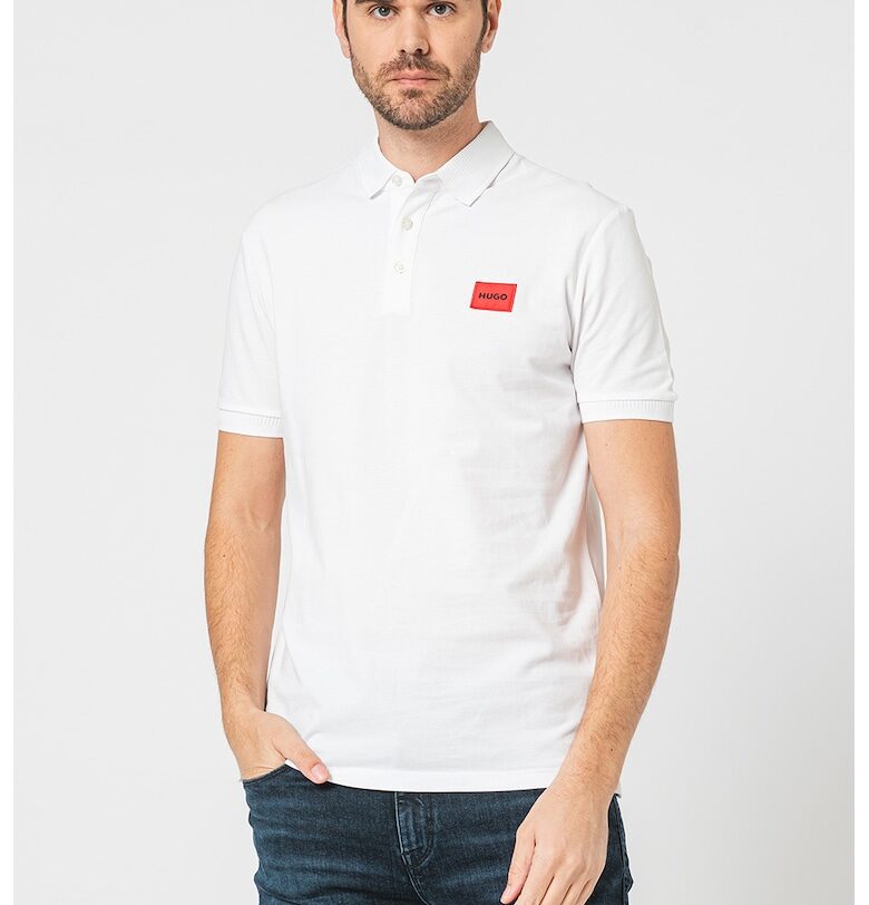 Слим тениска Dereso с яка - Бял HUGO