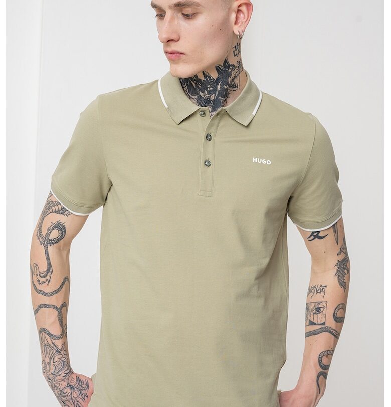 Слим тениска Dinoso с яка - Зелени аспержи HUGO