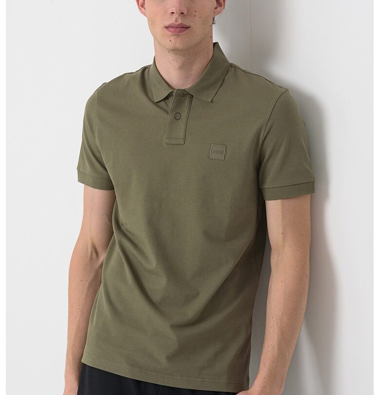 Слим тениска Passenger с яка - Зелени аспержи BOSS