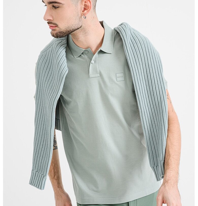 Слим тениска Passenger с яка - Меланж зелено BOSS