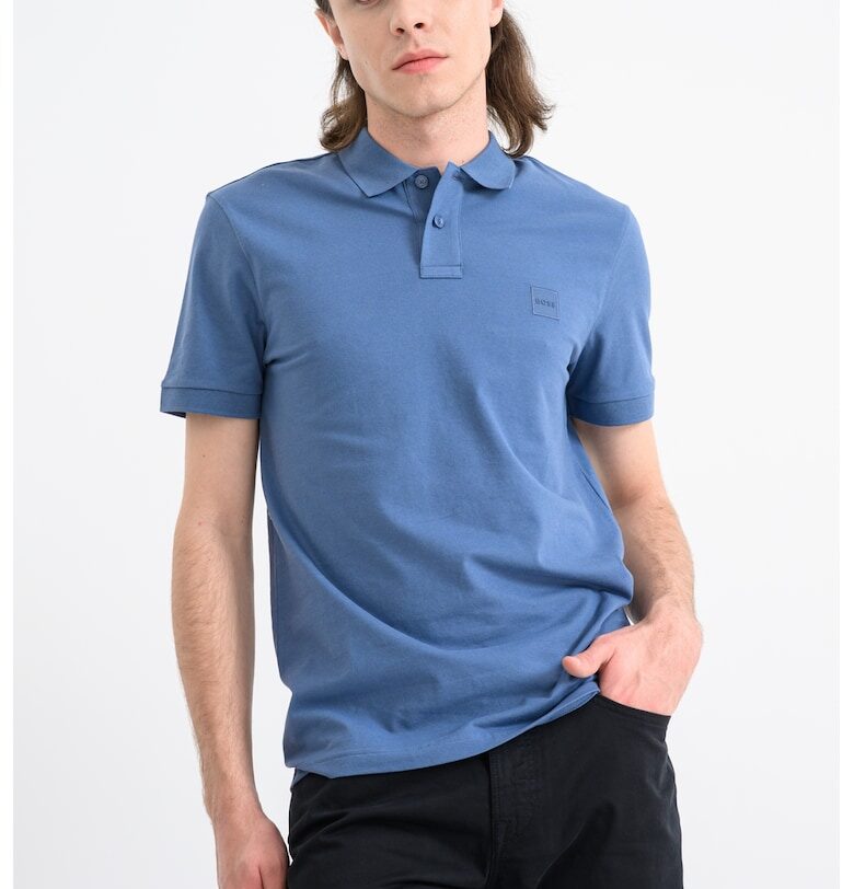 Слим тениска Passenger с яка - Прашно синьо/Син BOSS