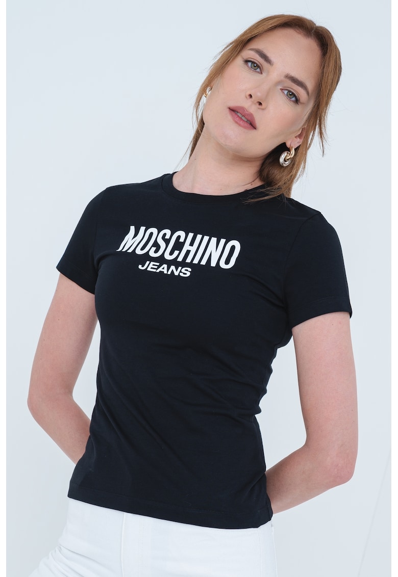 Слим тениска с лого - Избеляло черно/Бял Moschino Jeans