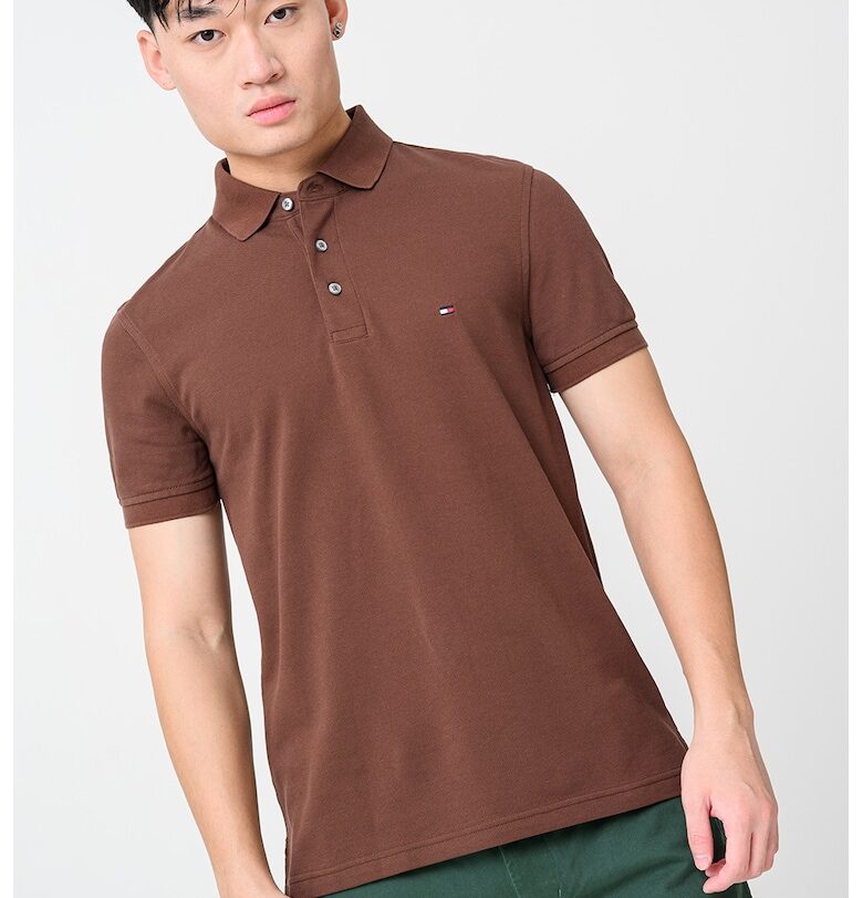 Слим тениска с органичен памук с яка - Кафяв Tommy Hilfiger