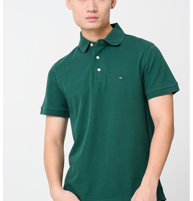 Слим тениска с органичен памук с яка - Тъмнозелен Tommy Hilfiger