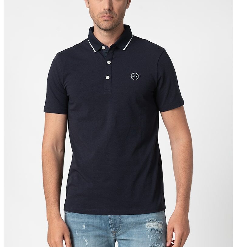 Слим тениска с яка и лого - Тъмносин ARMANI EXCHANGE