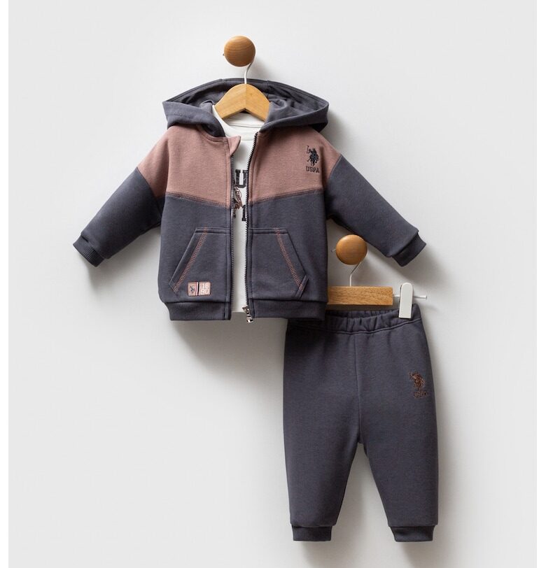 Спортен екип в цветен блок - 3 части - Бял/Кафяв/Антрацитно сиво US Polo Assn