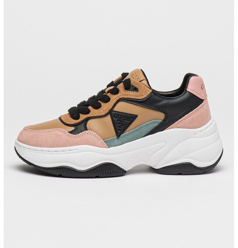 Спортни обувки от еко кожа с велур - Кафяв/Розова сьомга/Аква зелено GUESS