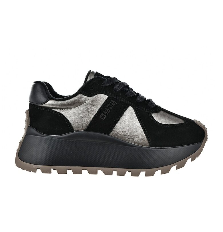 Спортни обувки от кожа и велур - Черен/Сребрист/Tъмносив Big Star