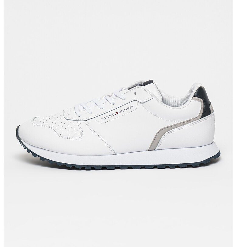 Спортни обувки от кожа и еко кожа с перфорации - Бял/Тъмносин Tommy Hilfiger