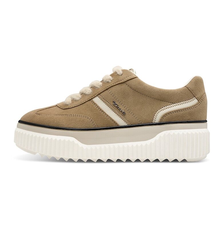 Спортни обувки с равна платформа и велур - Черен/Светло бежово/Камел Tamaris