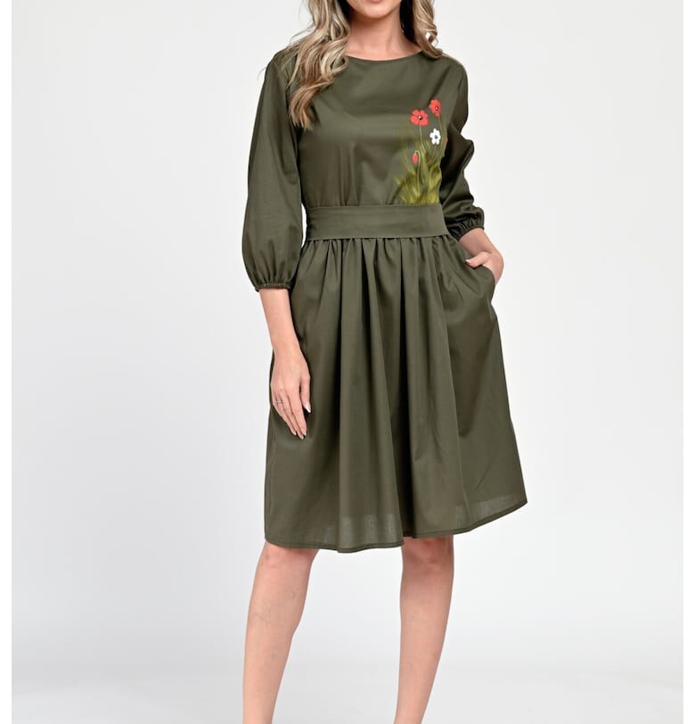 Средна дамска рокля V310 - Ръчно рисувана - Каки с флорален модел Eranthe