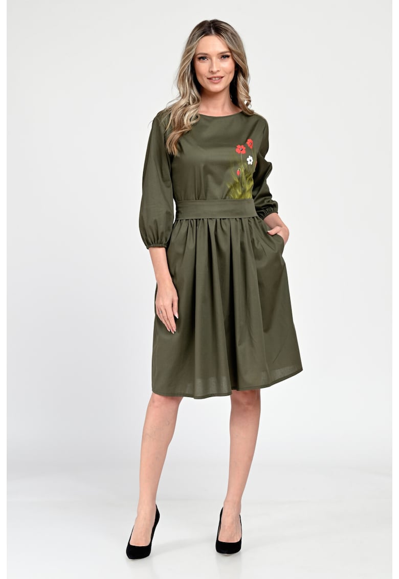 Средна дамска рокля V310 - Ръчно рисувана - Каки с флорален модел Eranthe