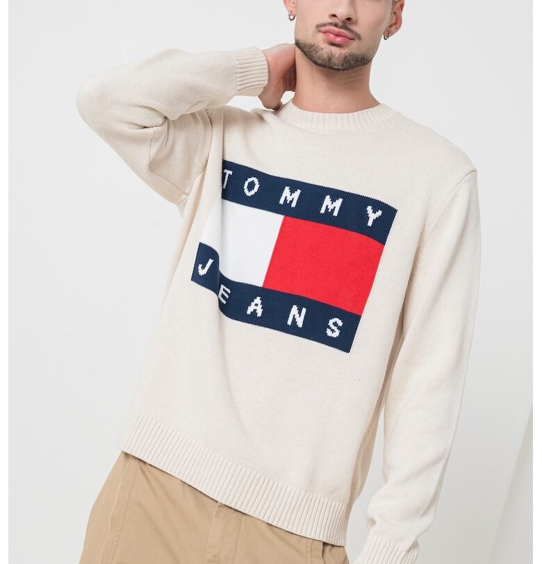 Стандартен пуловер с уголемено лого - Червен/Светло бежово/Тъмносин Tommy Jeans