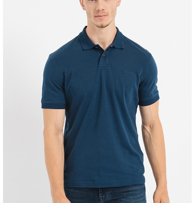 Стандартна тениска с яка и бродирано лого - Тъмносин BOSS