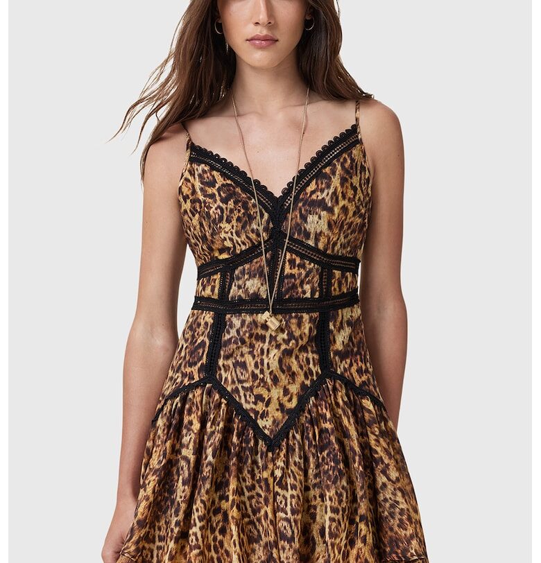 Стелеща се рокля Zia с животинска шарка и бродерия - Черен/Кафяв AllSaints
