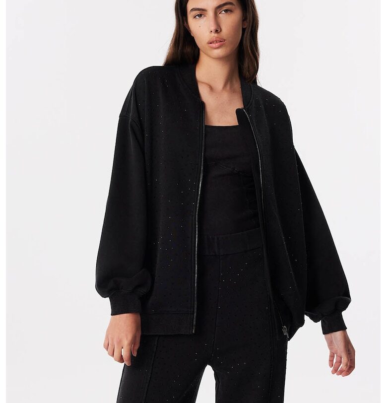 Суитшърт с декоративни камъни и цип - Черен TWIST