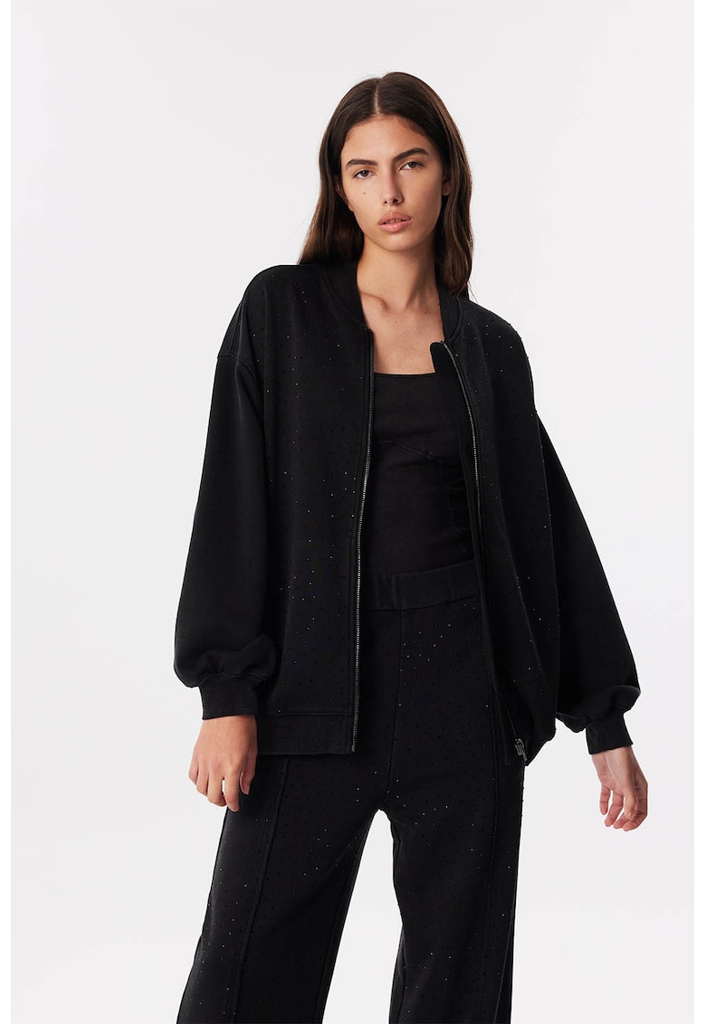 Суитшърт с декоративни камъни и цип - Черен TWIST