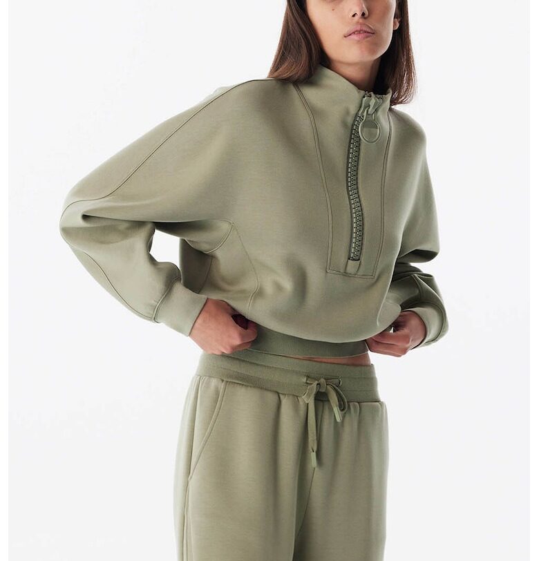 Суитшърт с къс цип и еластичен подгъв - Папратово зелено TWIST