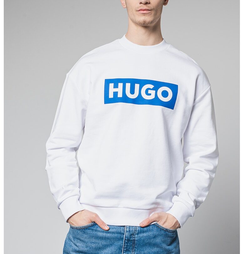 Суитшърт с овално деколте и лого - Бял/Кралско Синьо HUGO