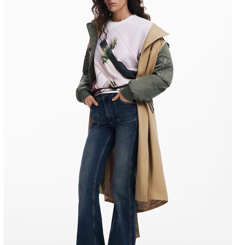 Суитшърт с овално деколте и шарка - Избеляло черно/Мръснобял/Папратово зелено DESIGUAL