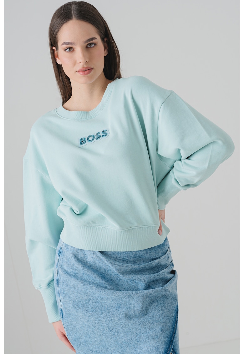 Суитшърт с паднали ръкави и декоративни камъни - Ментово зелено BOSS