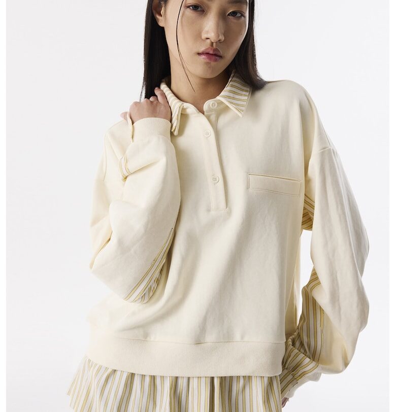 Суитшърт с паднали ръкави и дизайн 2 в 1 - Бежов TWIST