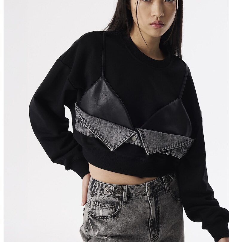 Суитшърт с памук с дизайн 2 в 1 - Черен TWIST