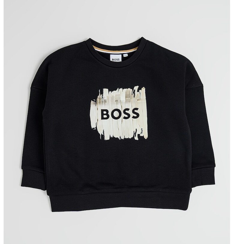 Суитшърт с памук с лого - Черен/Бежов BOSS Kidswear