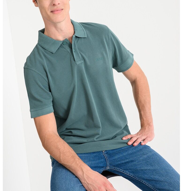 Тениска Prime от памучно пике с яка - Зелен BOSS