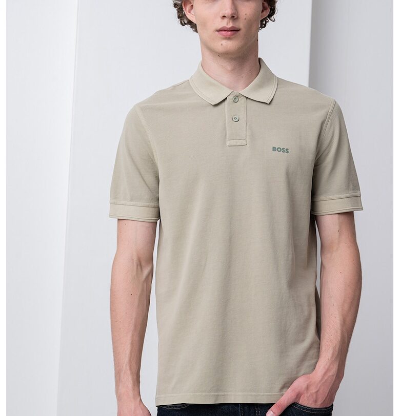 Тениска Prime от памучно пике с яка - Зелени аспержи BOSS