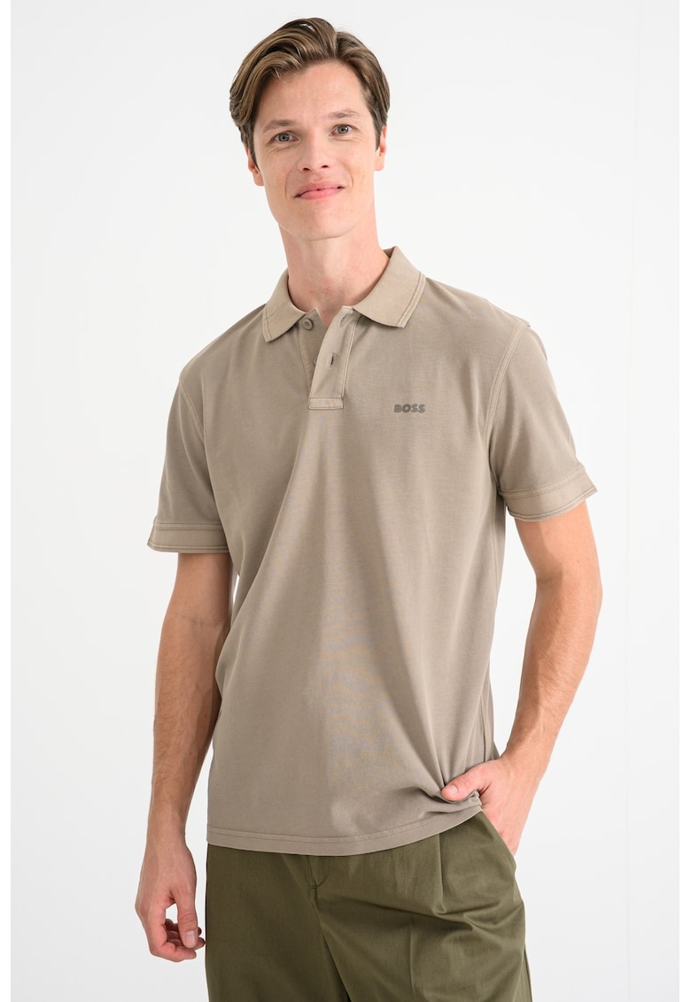 Тениска Prime от памучно пике с яка - Маслинено зелено BOSS