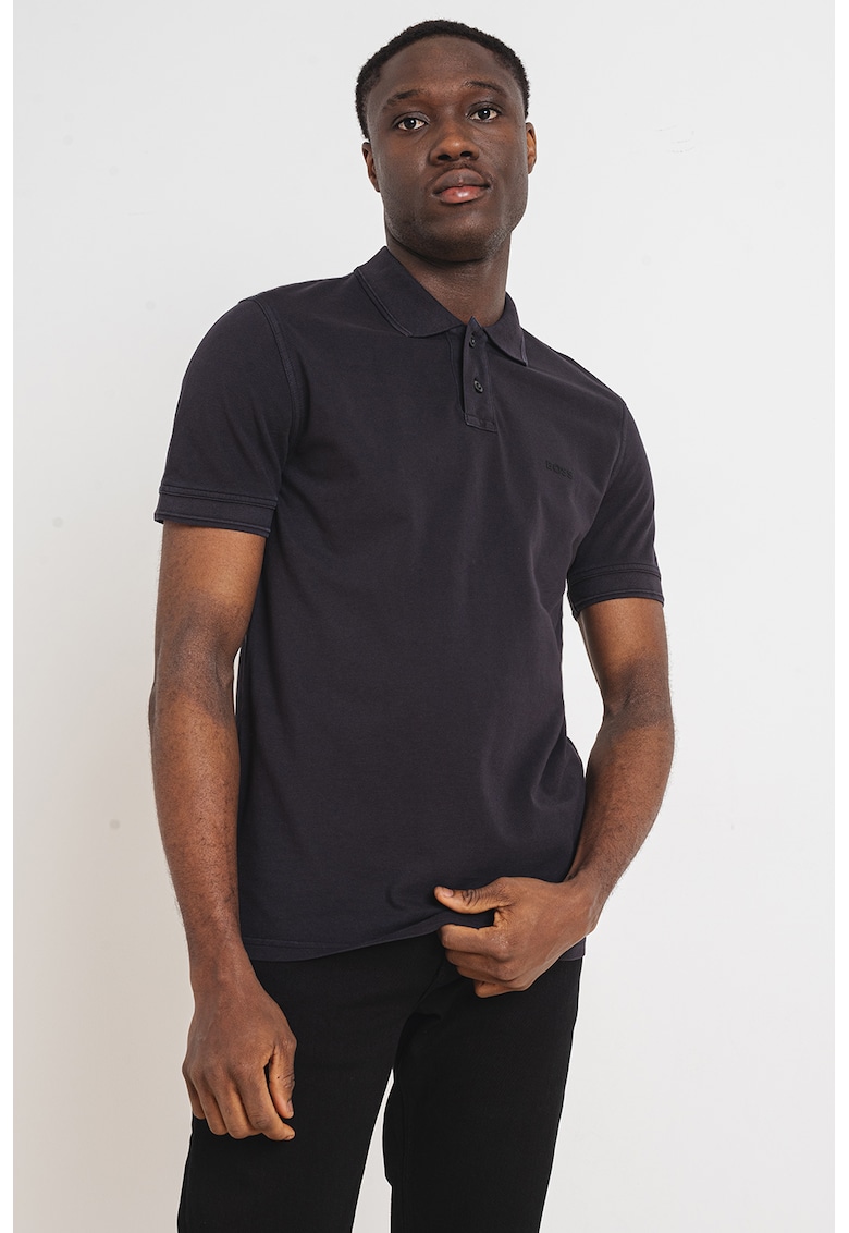 Тениска Prime от памучно пике с яка - Черен BOSS