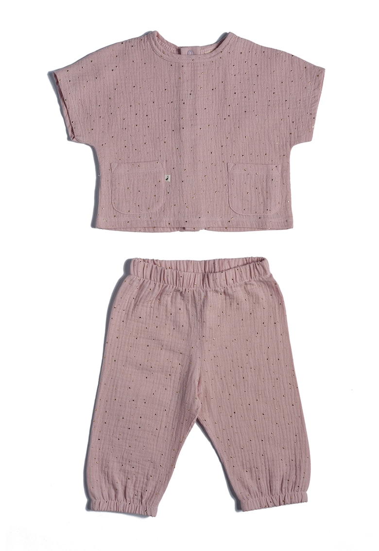 Тениска от органичен памук и дълъг панталон с декоративни камъни - Прашно розово Naeve